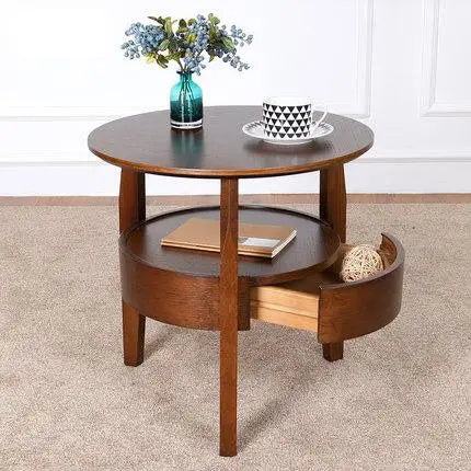 Round Wooden Coffee Table with Drawer | Nordic Sofa Side Table for Living Room