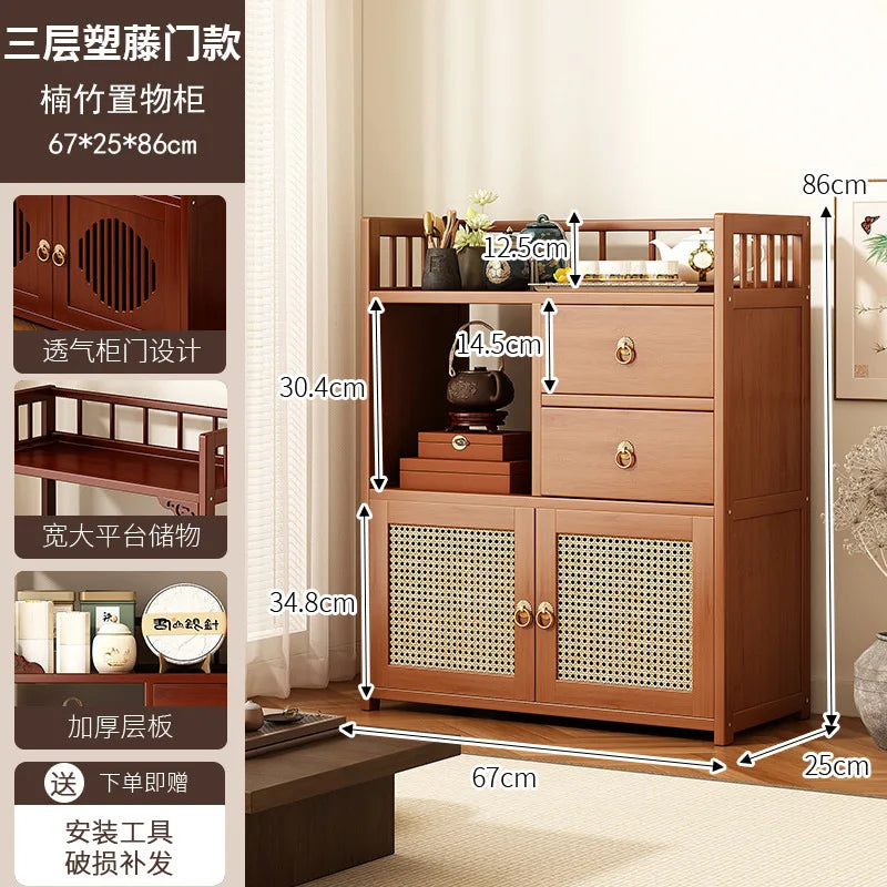 Bamboo Tea Cabinet with Drawers & Shelves | Living Room Storage Organizer