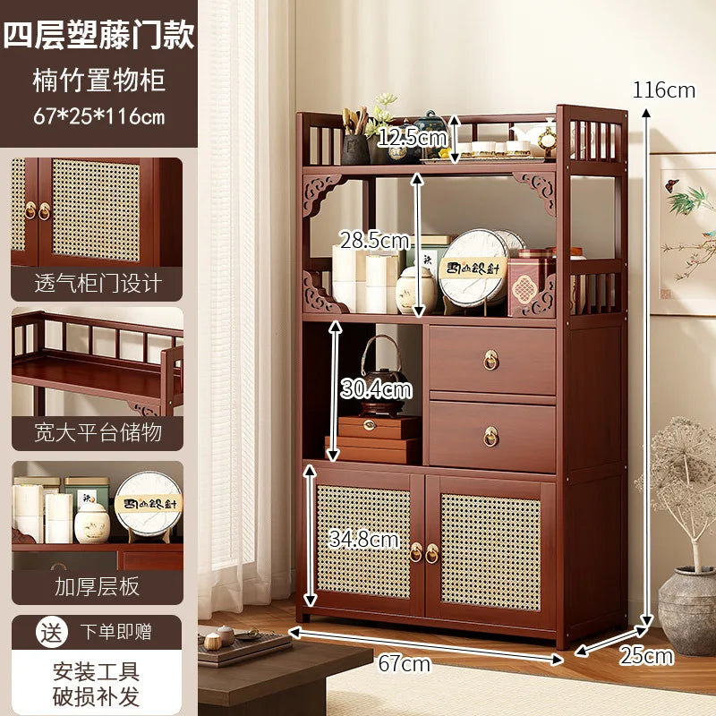 Bamboo Tea Cabinet with Drawers & Shelves | Living Room Storage Organizer