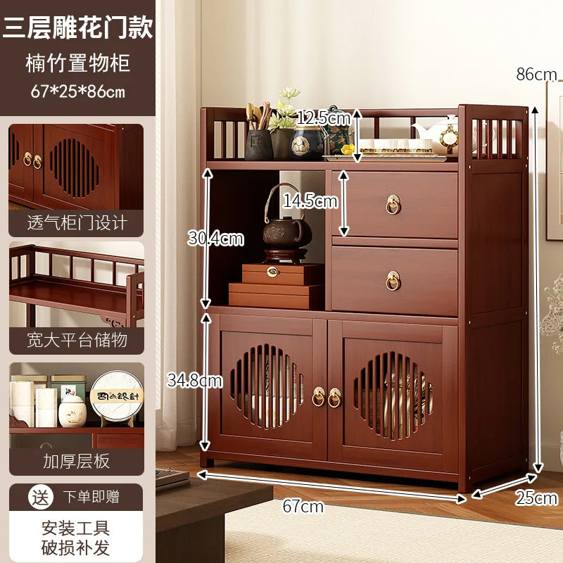 Bamboo Tea Cabinet with Drawers & Shelves | Living Room Storage Organizer