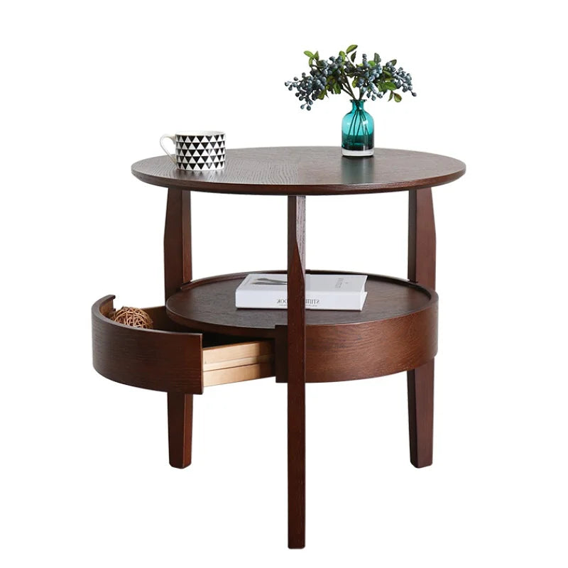 Round Wooden Coffee Table with Drawer | Nordic Sofa Side Table for Living Room