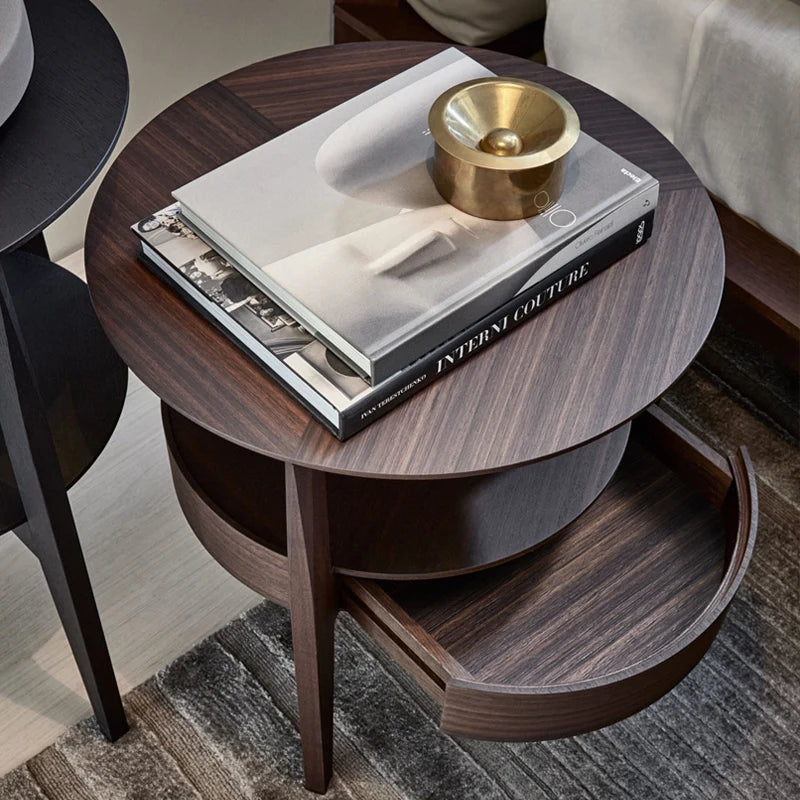 Round Wooden Coffee Table with Drawer | Nordic Sofa Side Table for Living Room