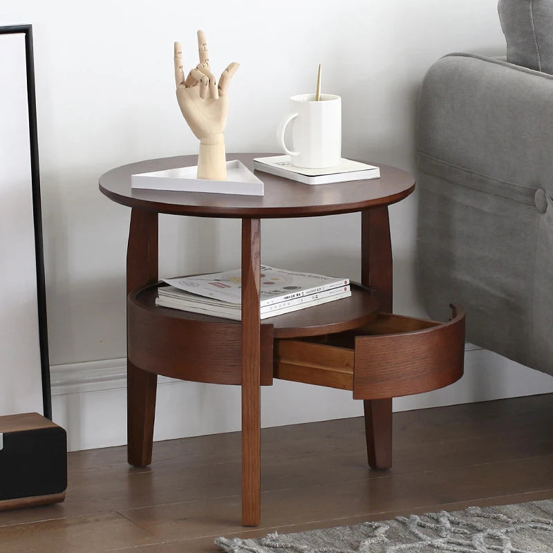 Round Wooden Coffee Table with Drawer | Nordic Sofa Side Table for Living Room
