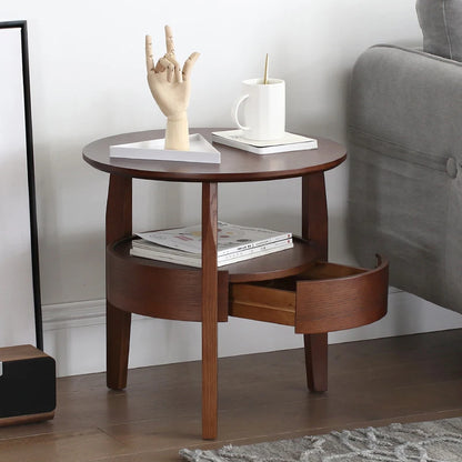 Round Wooden Coffee Table with Drawer | Nordic Sofa Side Table for Living Room