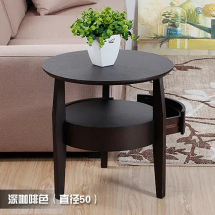Round Wooden Coffee Table with Drawer | Nordic Sofa Side Table for Living Room