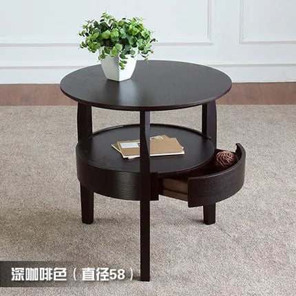 Round Wooden Coffee Table with Drawer | Nordic Sofa Side Table for Living Room