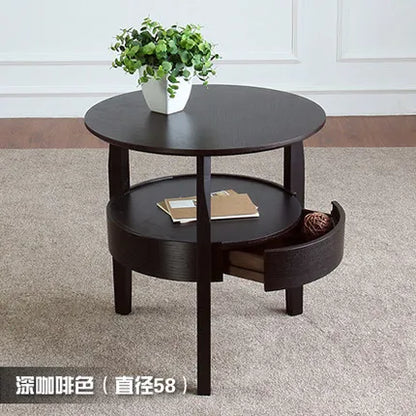 Round Wooden Coffee Table with Drawer | Nordic Sofa Side Table for Living Room