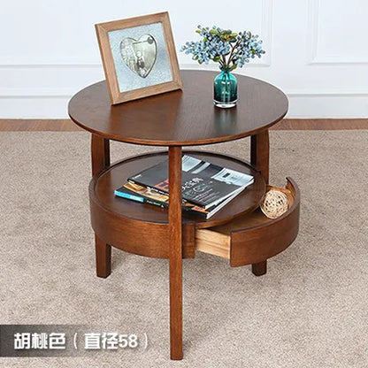 Round Wooden Coffee Table with Drawer | Nordic Sofa Side Table for Living Room