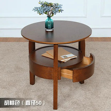 Round Wooden Coffee Table with Drawer | Nordic Sofa Side Table for Living Room