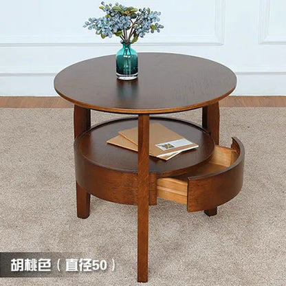 Round Wooden Coffee Table with Drawer | Nordic Sofa Side Table for Living Room