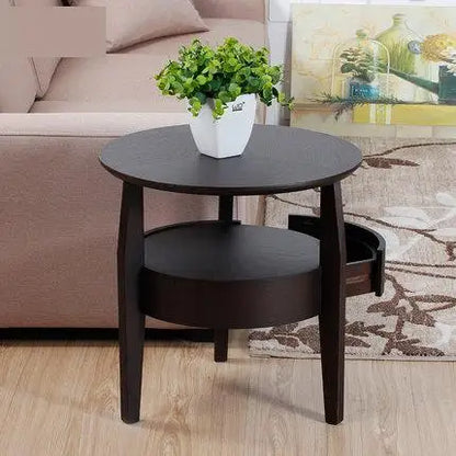Round Wooden Coffee Table with Drawer | Nordic Sofa Side Table for Living Room