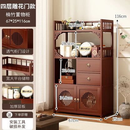 Bamboo Tea Cabinet with Drawers & Shelves | Living Room Storage Organizer