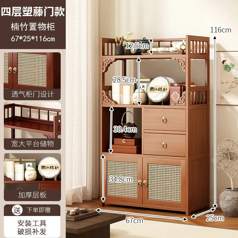 Bamboo Tea Cabinet with Drawers & Shelves | Living Room Storage Organizer