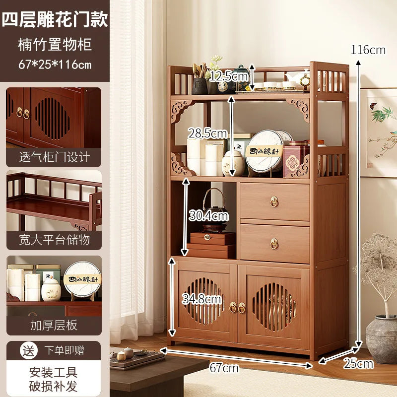 Bamboo Tea Cabinet with Drawers & Shelves | Living Room Storage Organizer