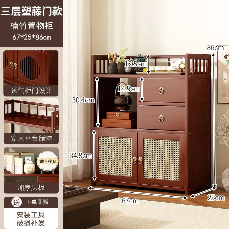 Bamboo Tea Cabinet with Drawers & Shelves | Living Room Storage Organizer