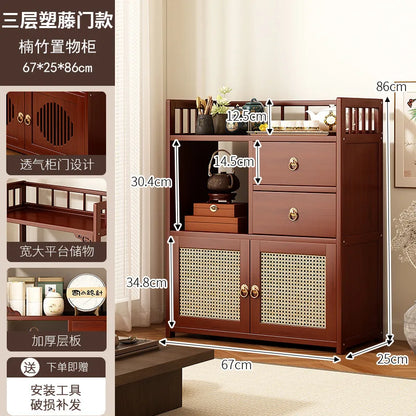Bamboo Tea Cabinet with Drawers & Shelves | Living Room Storage Organizer